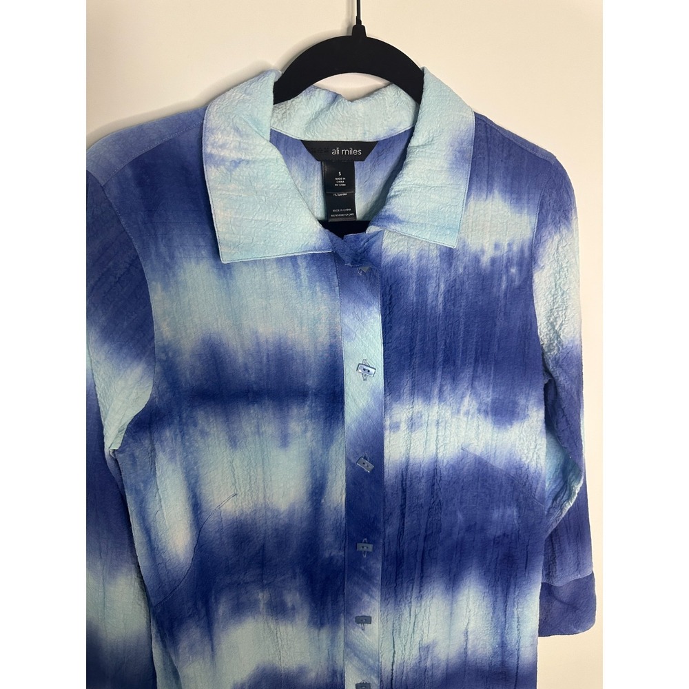 Ali Miles Crinkle Tie Dye Button Up Top Small Blue Boho Artsy Lagenlook Blouse - Picture 3 of 13